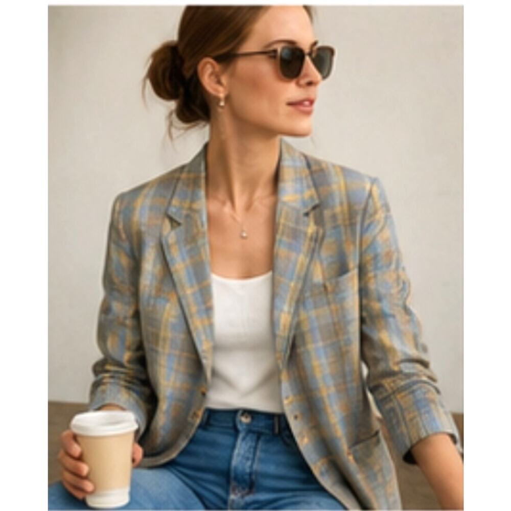 Vintage GAP Linen Blend Plaid Blazer Blue Tan 90s Minimalist Jacket S/P